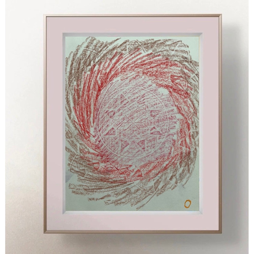 OMAN Abstract Geometric Wax Rubbing Print Art Red Brown 8.5x11 Mid Century